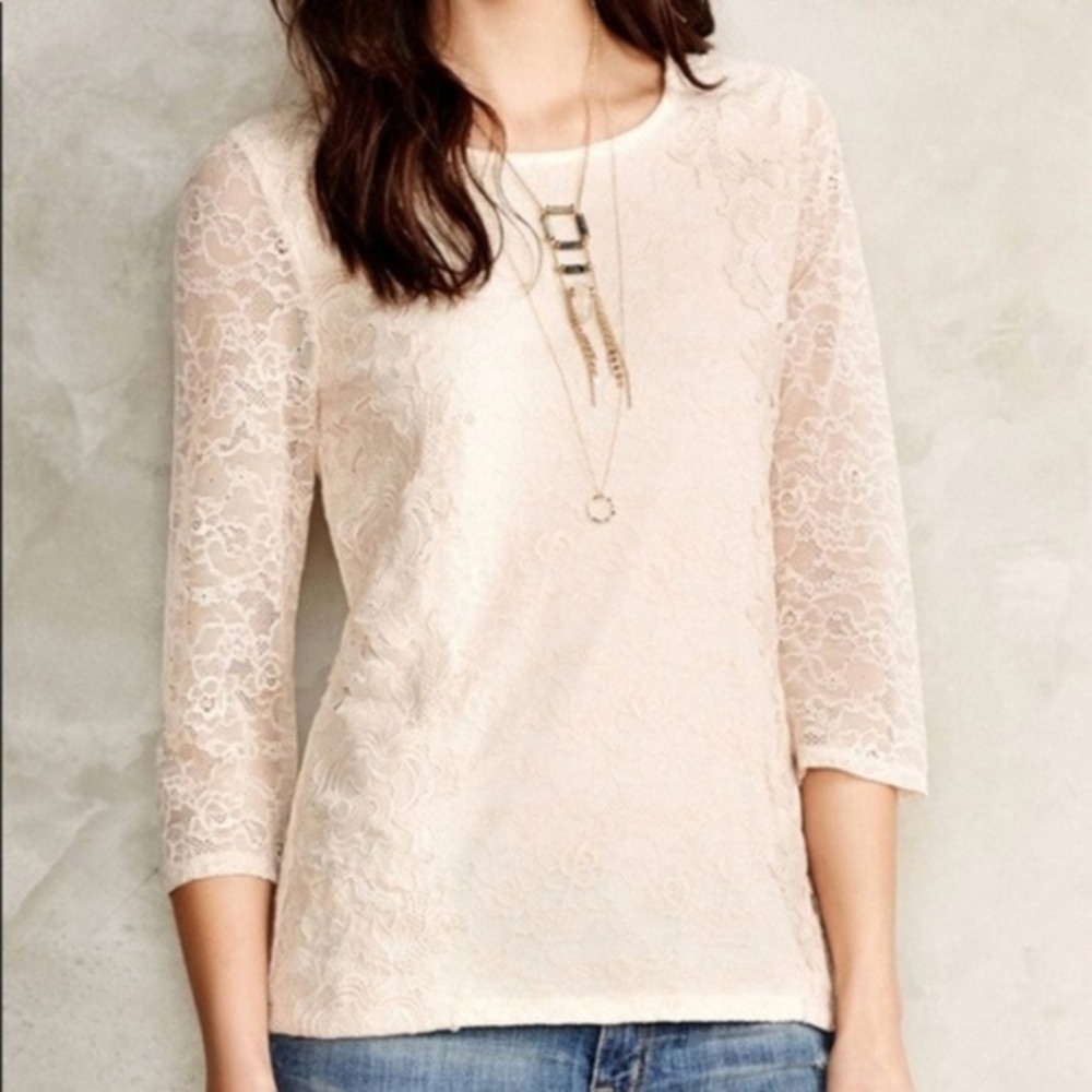 Sunday‎ in Brooklyn Lace Top Womens Size S Ivory Cream 3/4 Sleeve Floral Overlay